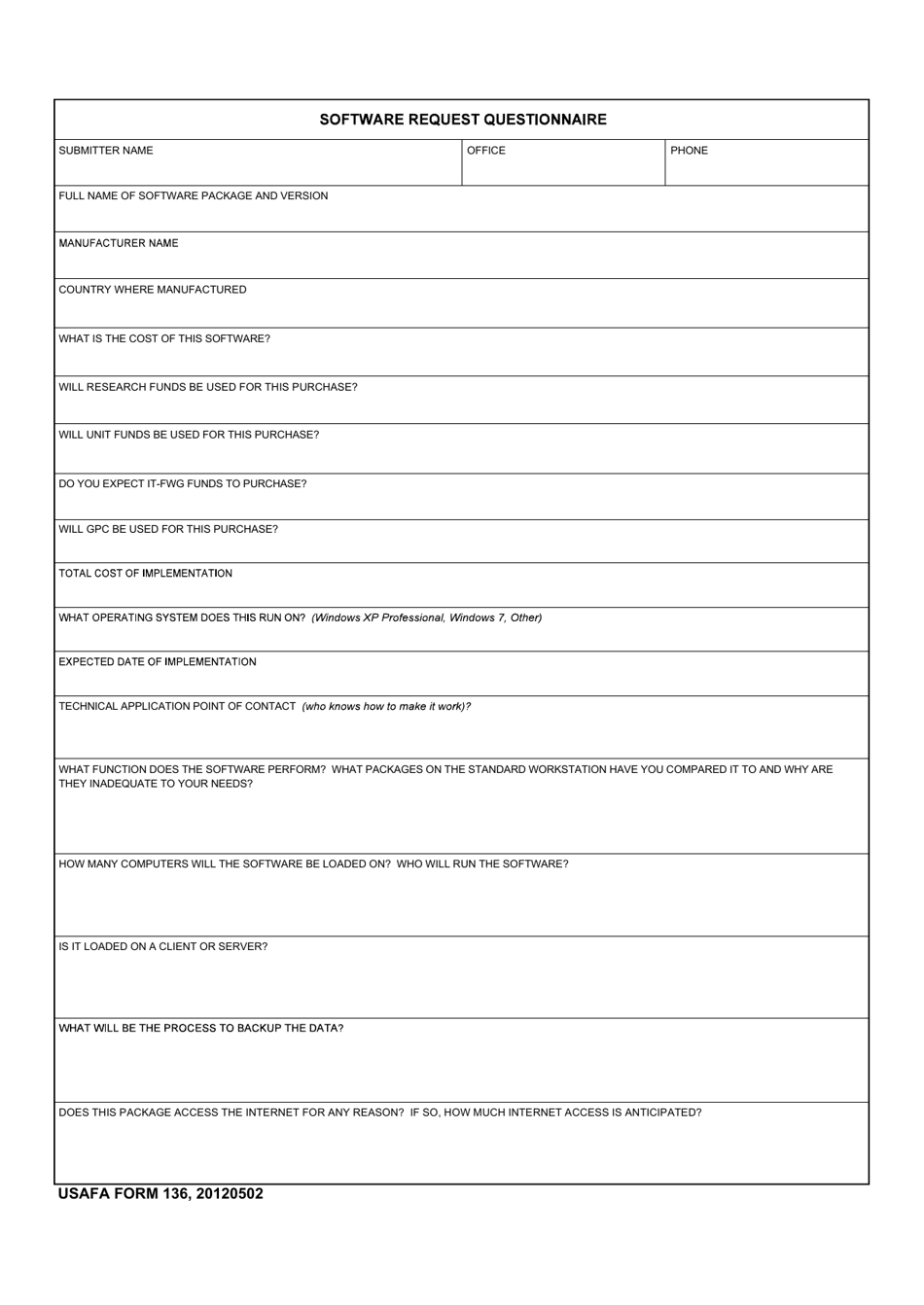 USAFA Form 136 Software Request Questionnaire, Page 1