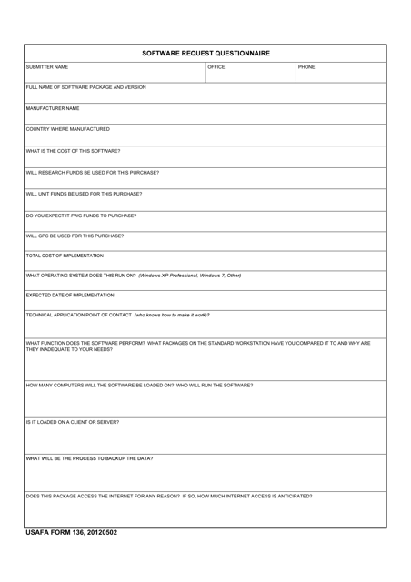 USAFA Form 136 Software Request Questionnaire
