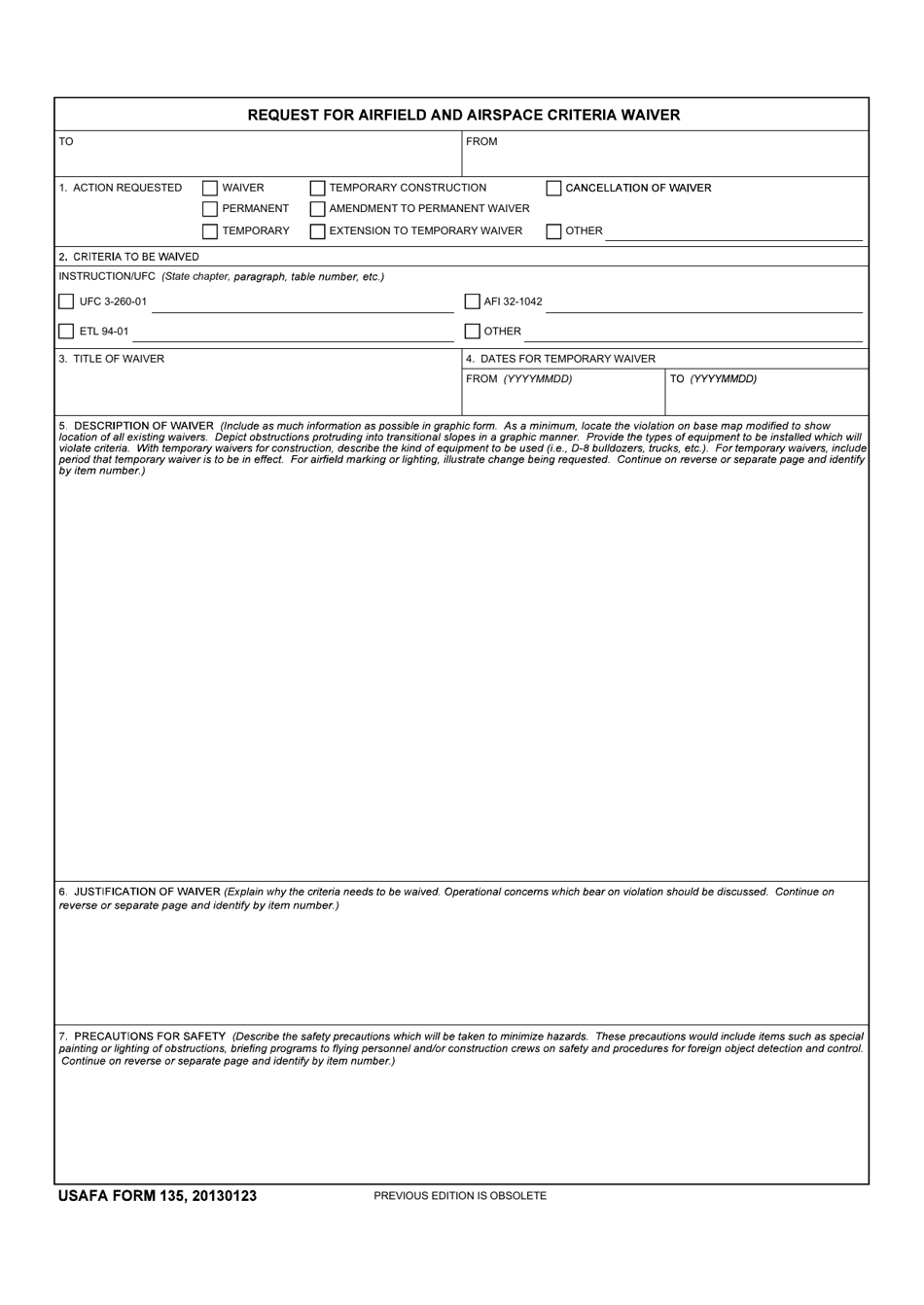USAFA Form 135 Request for Airfield and Airspace Criteria Waiver, Page 1