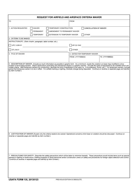 USAFA Form 135 Request for Airfield and Airspace Criteria Waiver