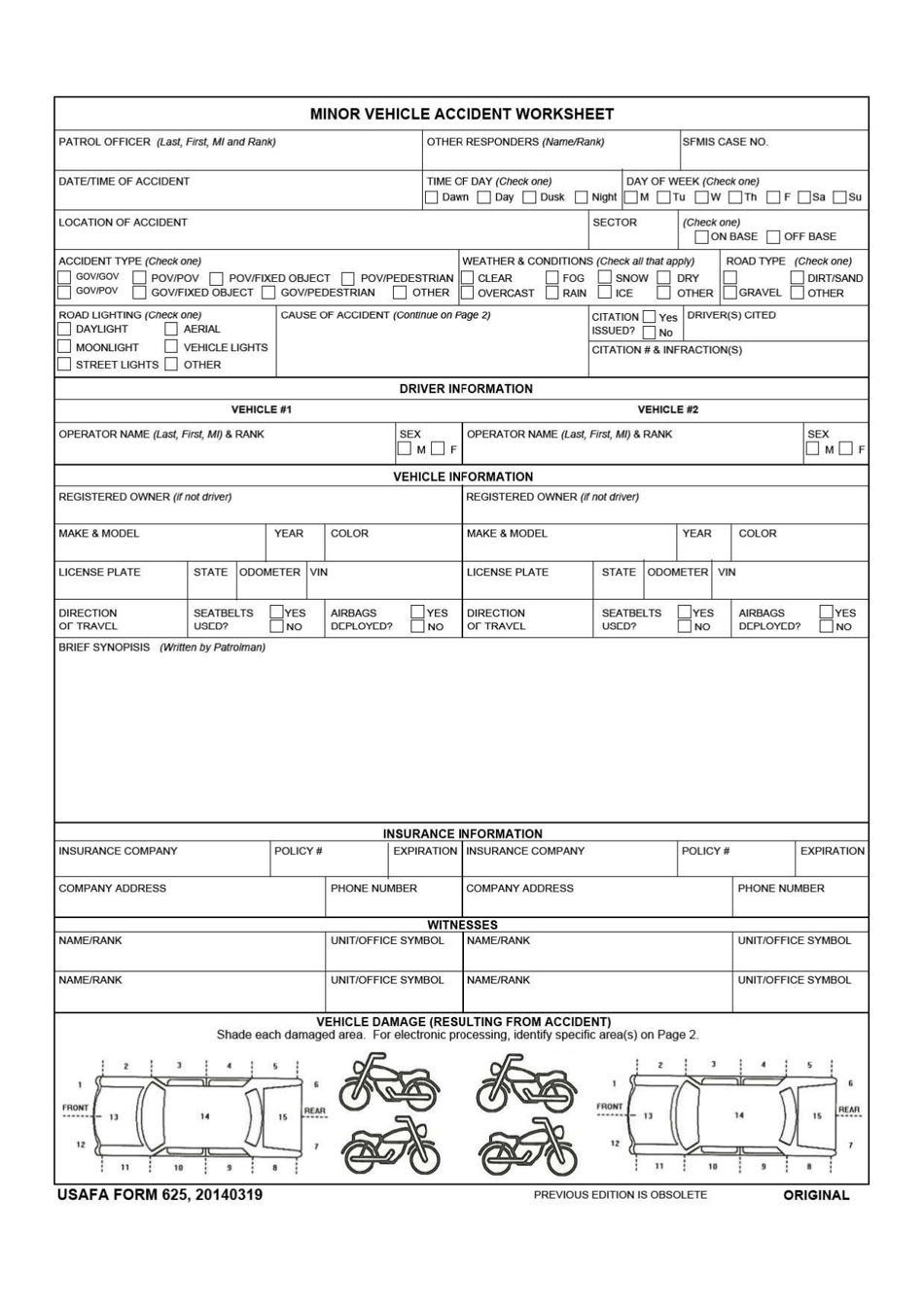 USAFA Form 625 Minor Vehicle Accident Worksheet, Page 1