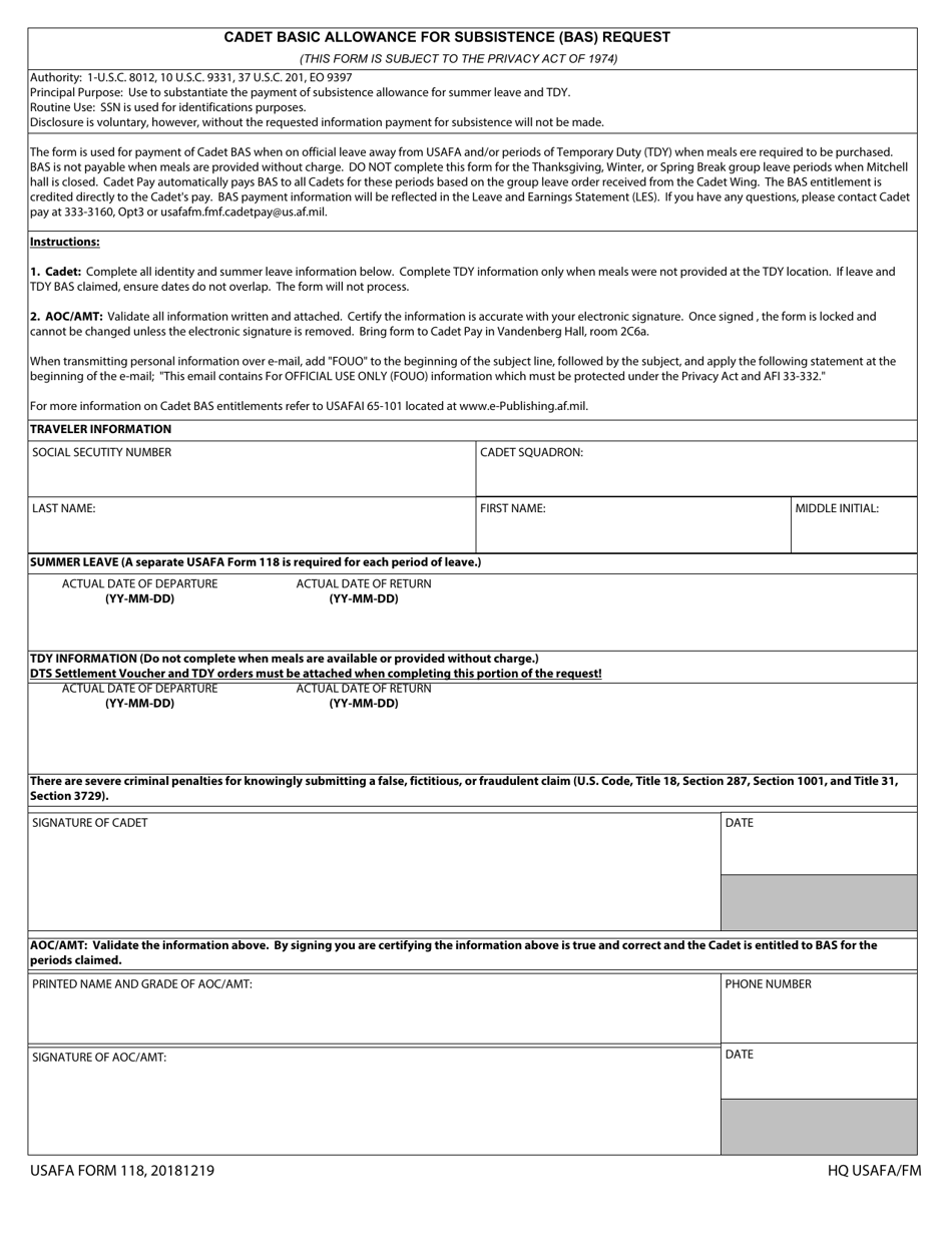 USAFA Form 118 Cadet Basic Allowance for Subsistence (BAS) Request, Page 1