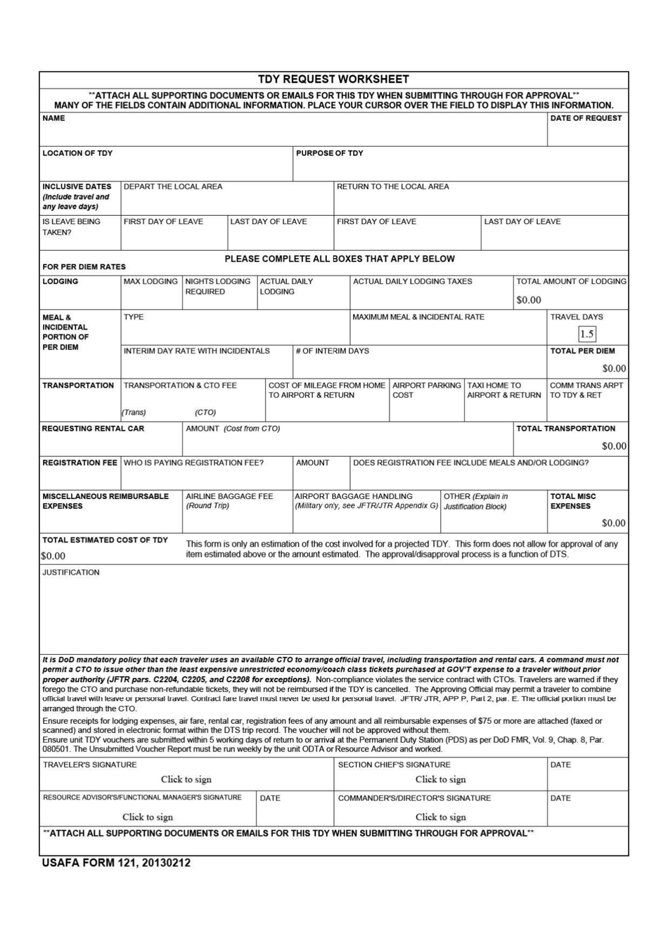 USAFA Form 121 TDY Request Worksheet, Page 1