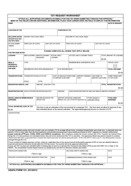 USAFA Form 121 TDY Request Worksheet