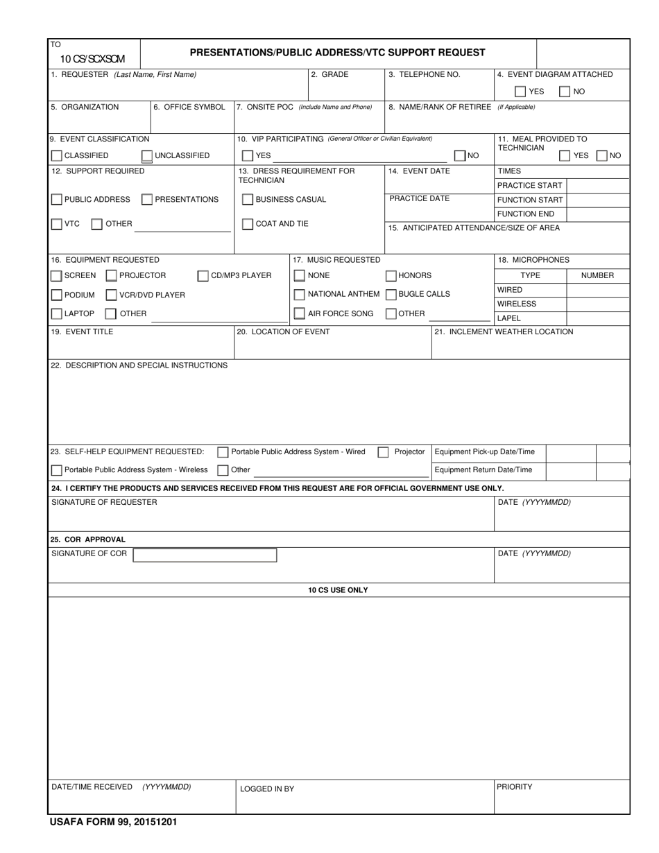 USAFA Form 99 Presentations / Public Address / Vtc Support Request, Page 1