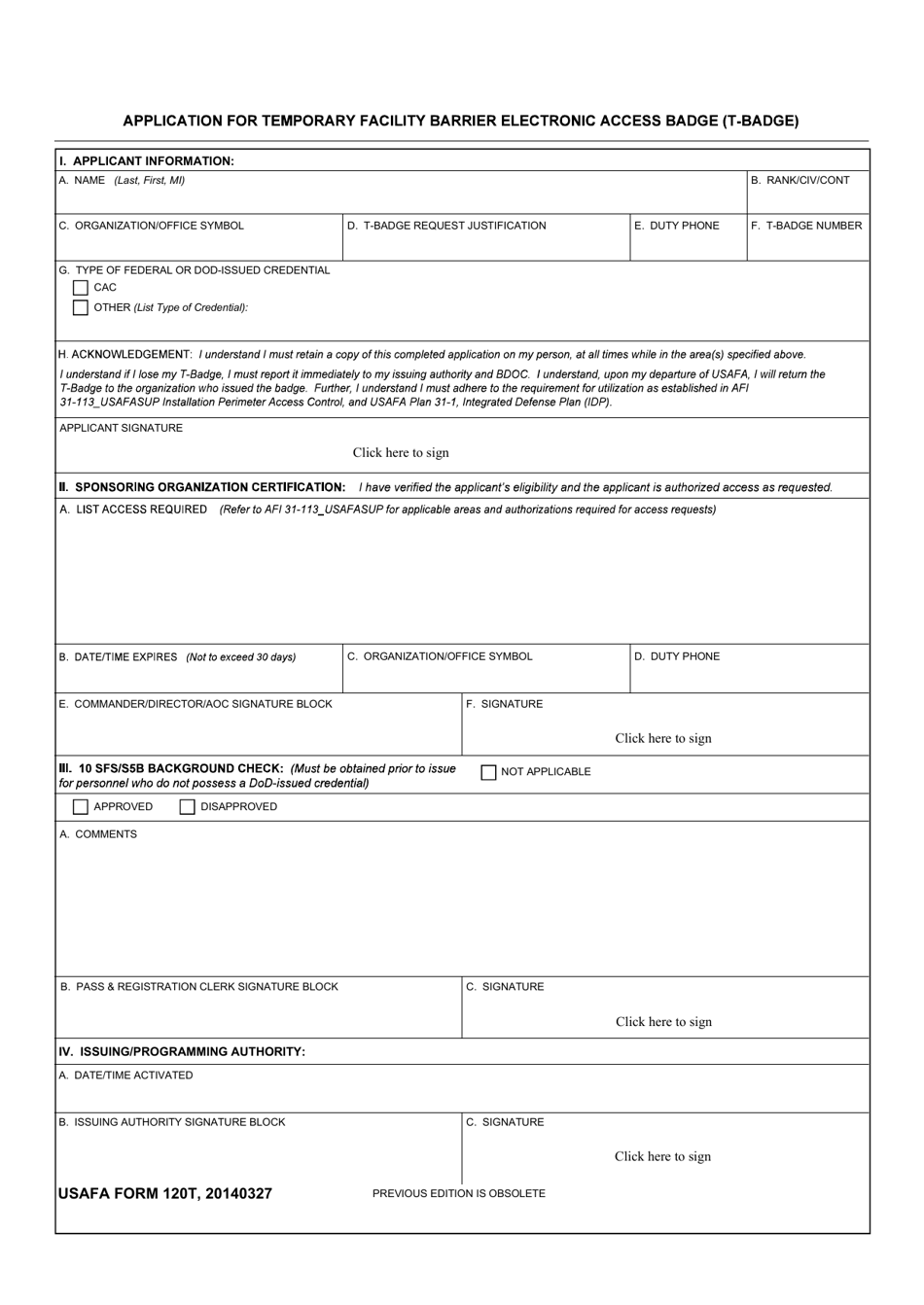USAFA Form 120T Application for Temporary Facility Barrier Electronic Access (T-Badge), Page 1