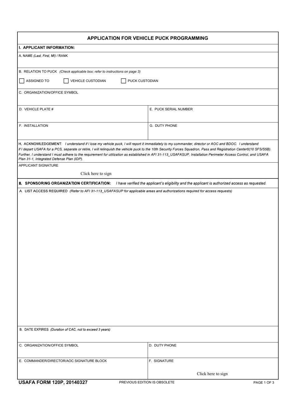 USAFA Form 120P Application for Vehicle Puck Programming, Page 1