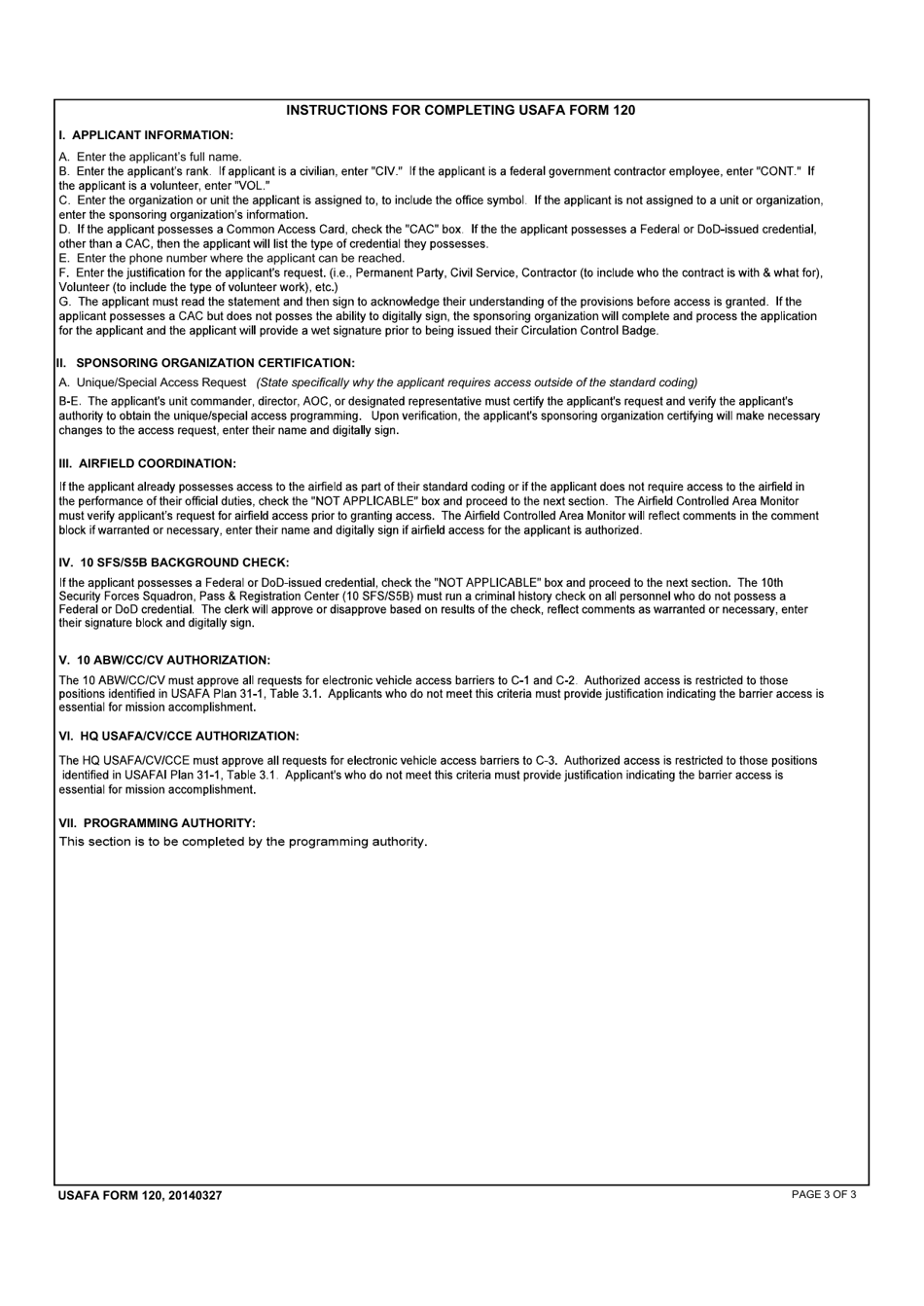 USAFA Form 120 Facility / Barrier Electronic Access Request, Page 3