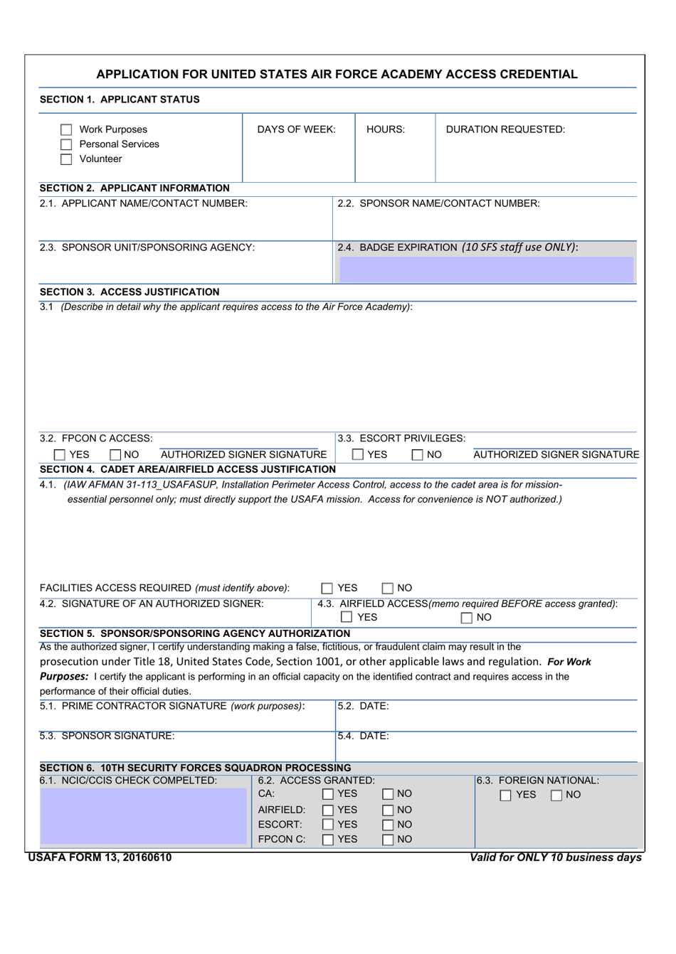 USAFA Form 13 Application for United States Air Force Academy Access Credential, Page 1