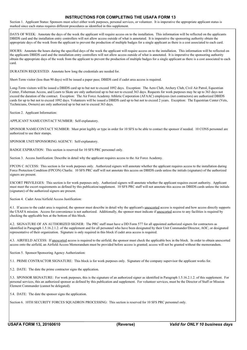 USAFA Form 13 Application for United States Air Force Academy Access Credential, Page 2