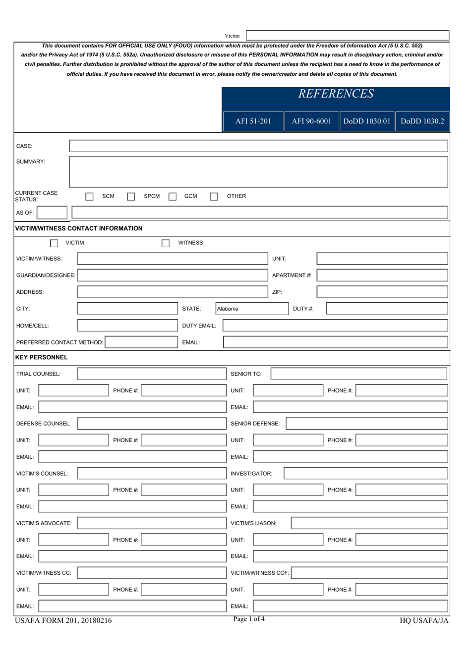 USAFA Form 201 Usafa Judge Advocate Generals Corp Vwap E-Checklist, Page 1