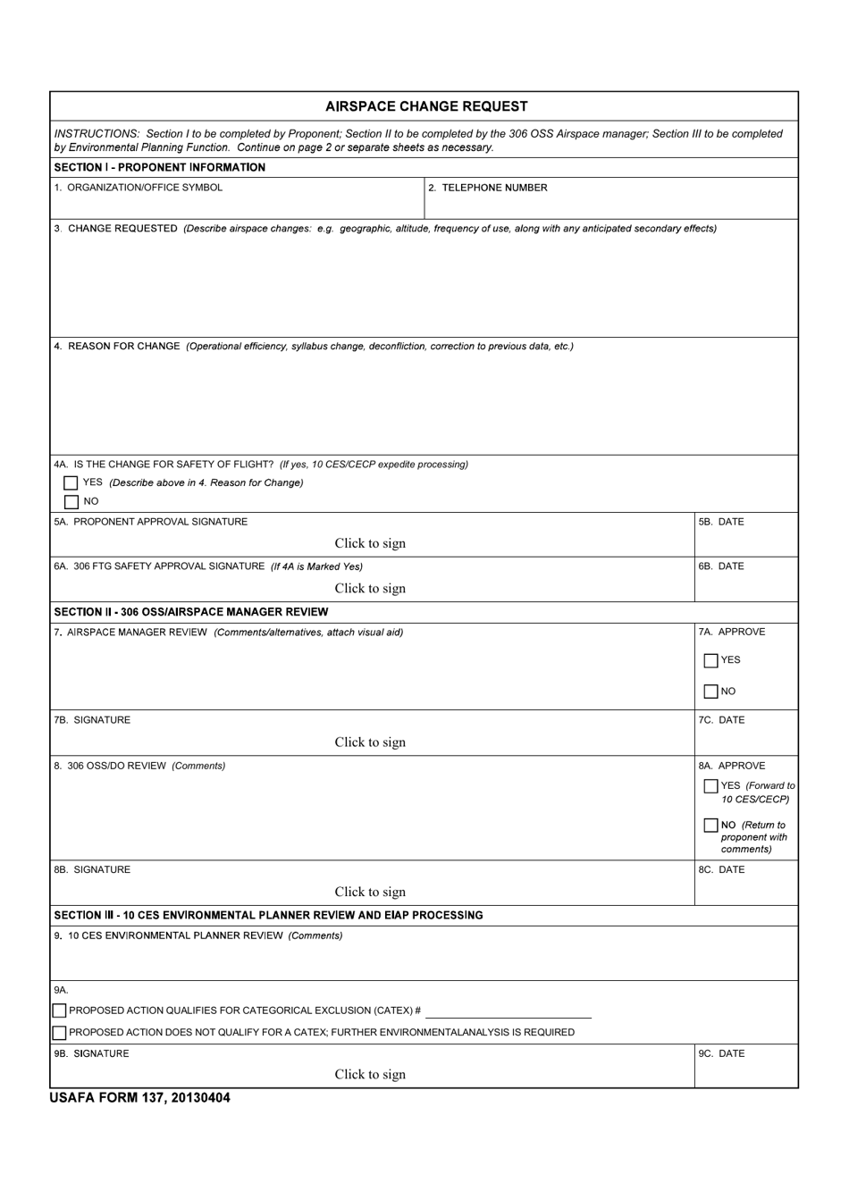 USAFA Form 137 Airspace Change Request, Page 1