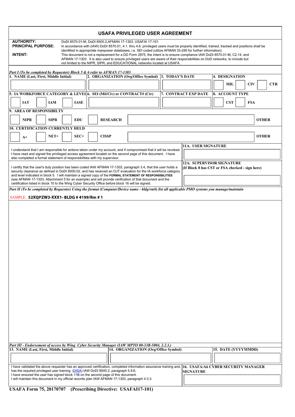 USAFA Form 75 Usafa Privileged User Agreement, Page 1