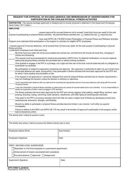AFPC Form 14 Request for Approval for Excused Absence and Memorandum of Understanding for Participation in the Civilian Physical Fitness Activities