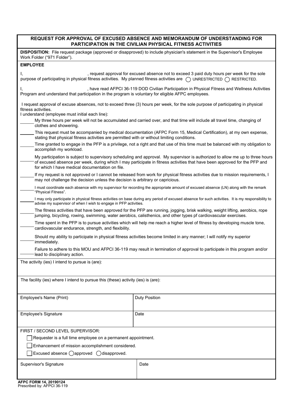 AFPC Form 14 Request for Approval for Excused Absence and Memorandum of Understanding for Participation in the Civilian Physical Fitness Activities, Page 1