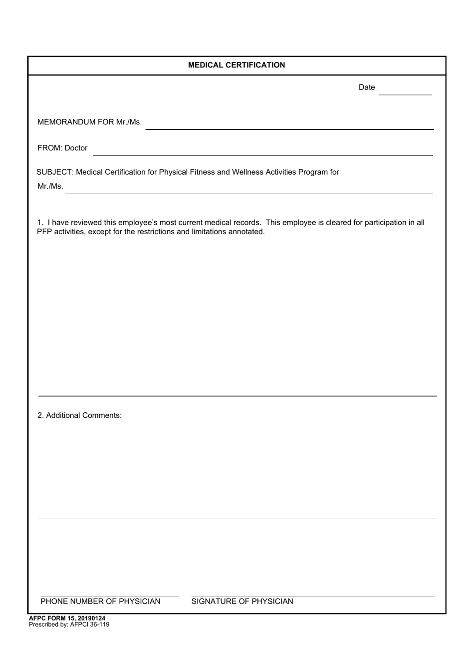 AFPC Form 15 Medical Certification, Page 1