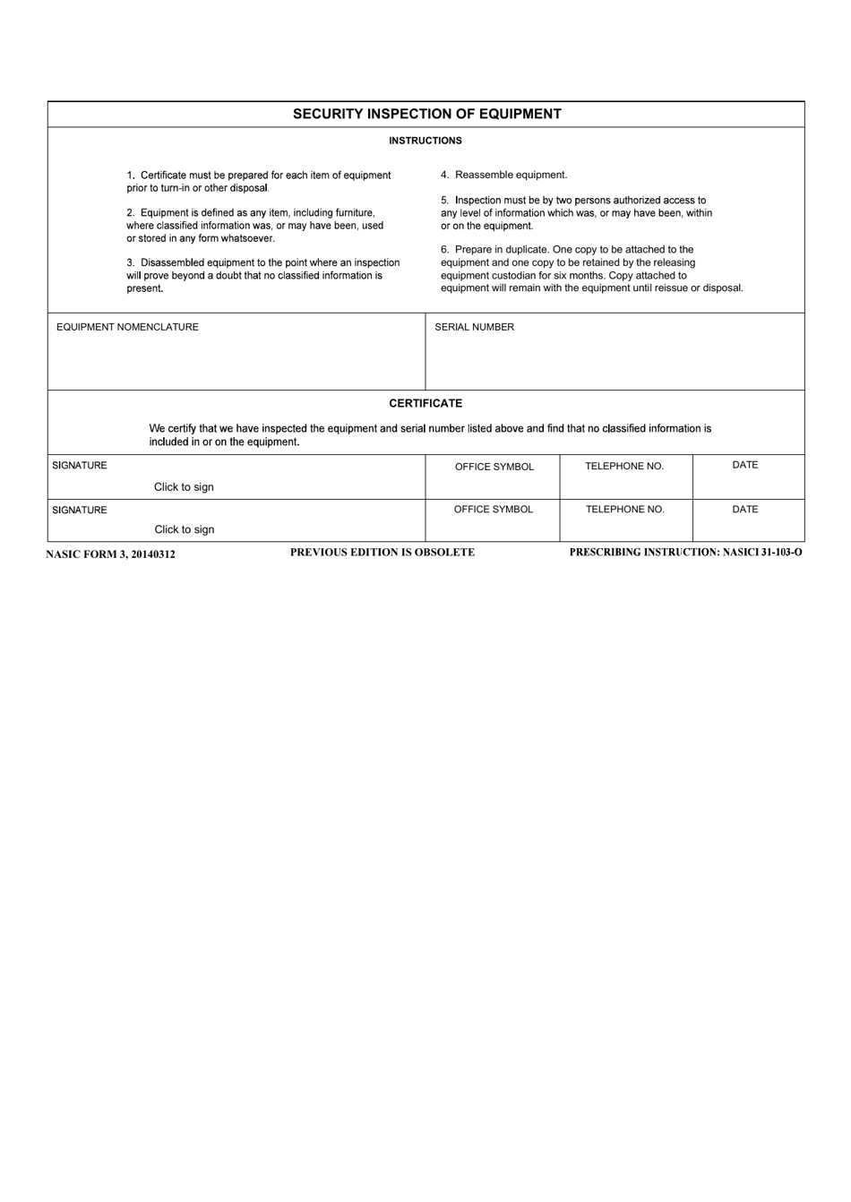NASIC Form 3 Security Inspection of Equipment, Page 1