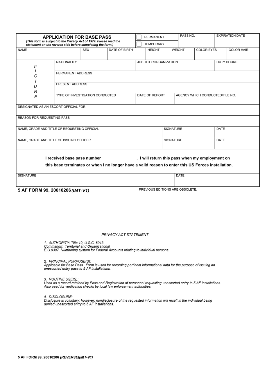 5 AF Form 99 Application for Base Pass, Page 1