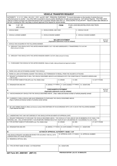 3 AF Form 301 Vehicle Transfer Request