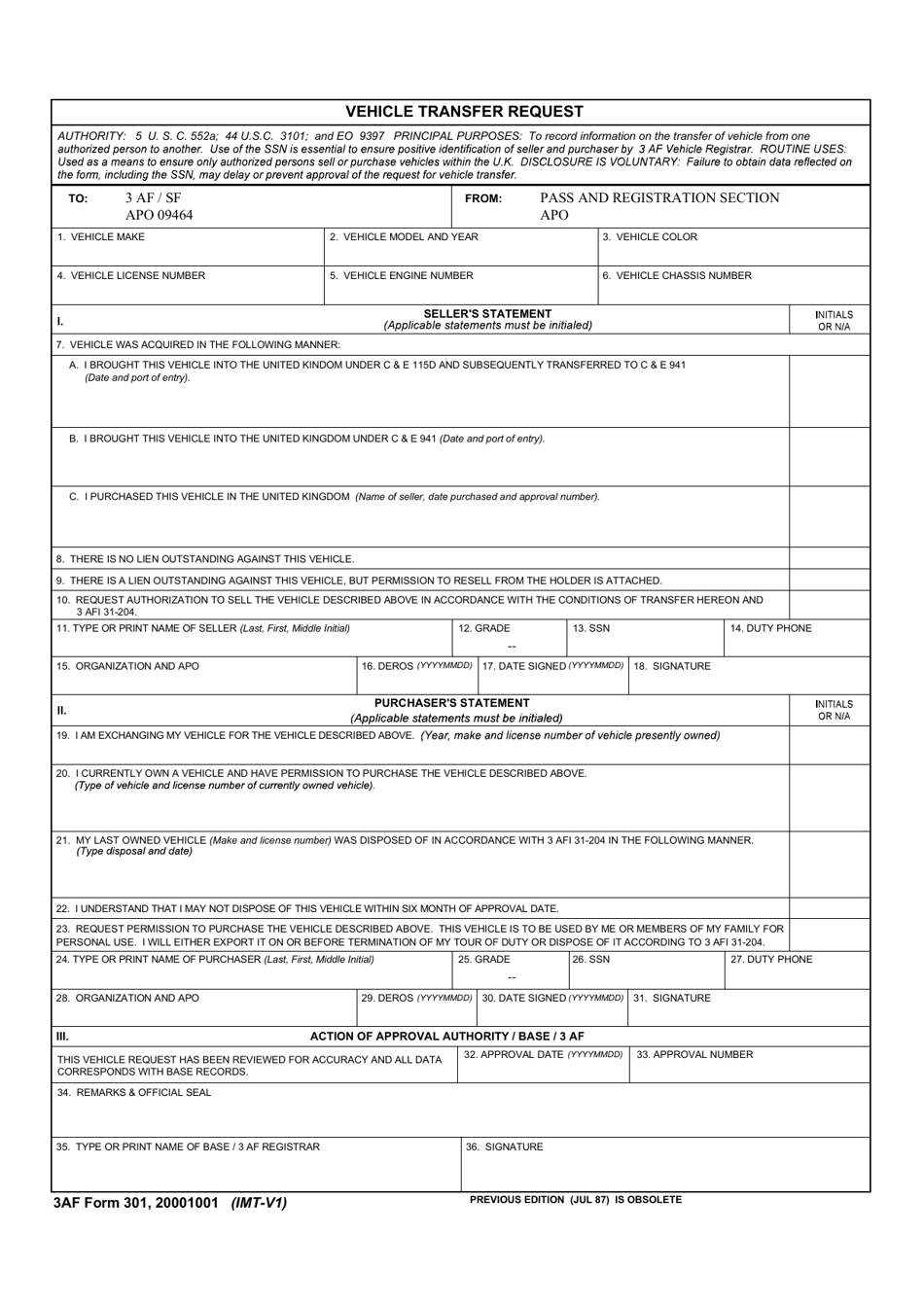 3 AF Form 301 - Fill Out, Sign Online and Download Fillable PDF ...