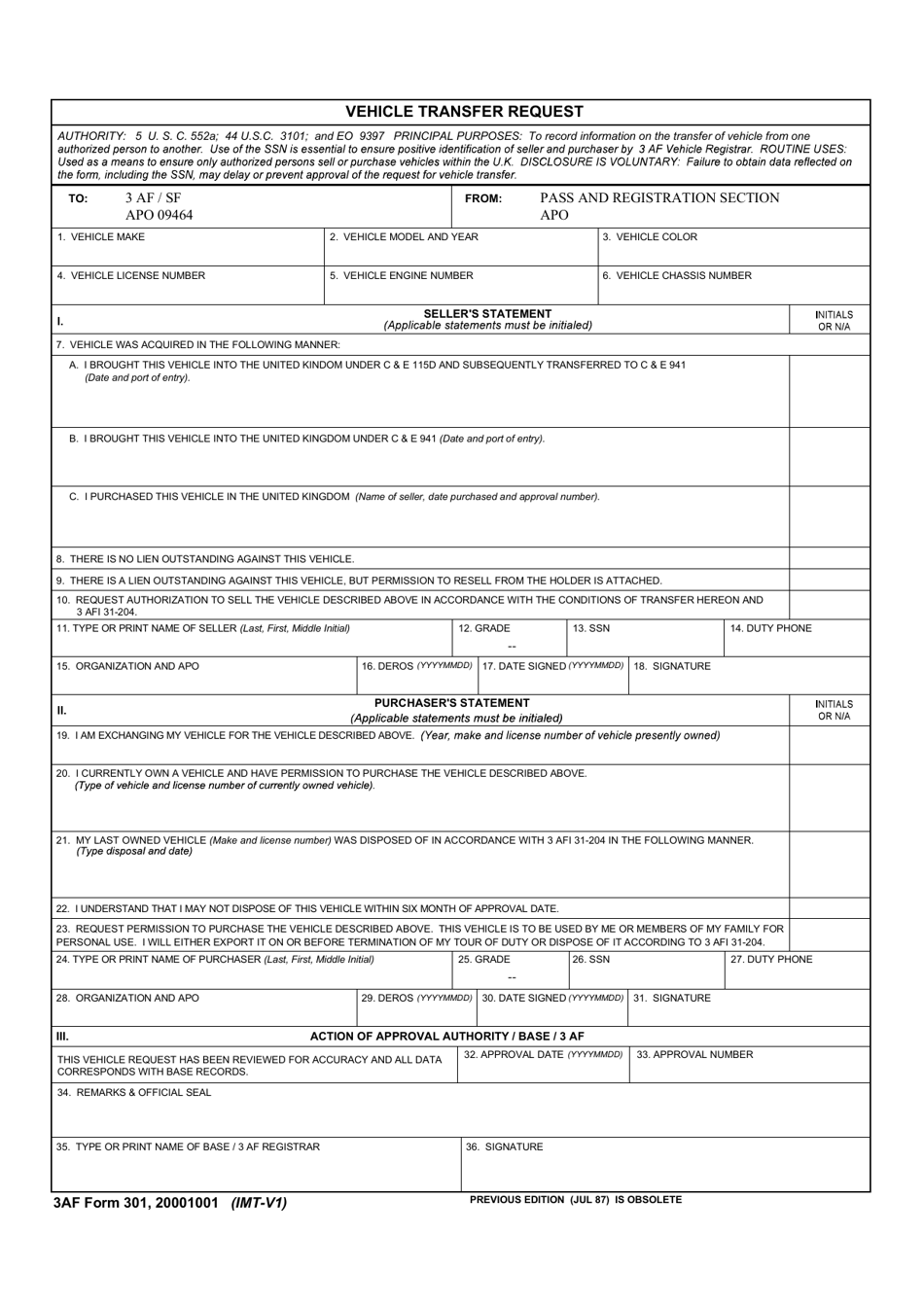 3 AF Form 301 Vehicle Transfer Request, Page 1
