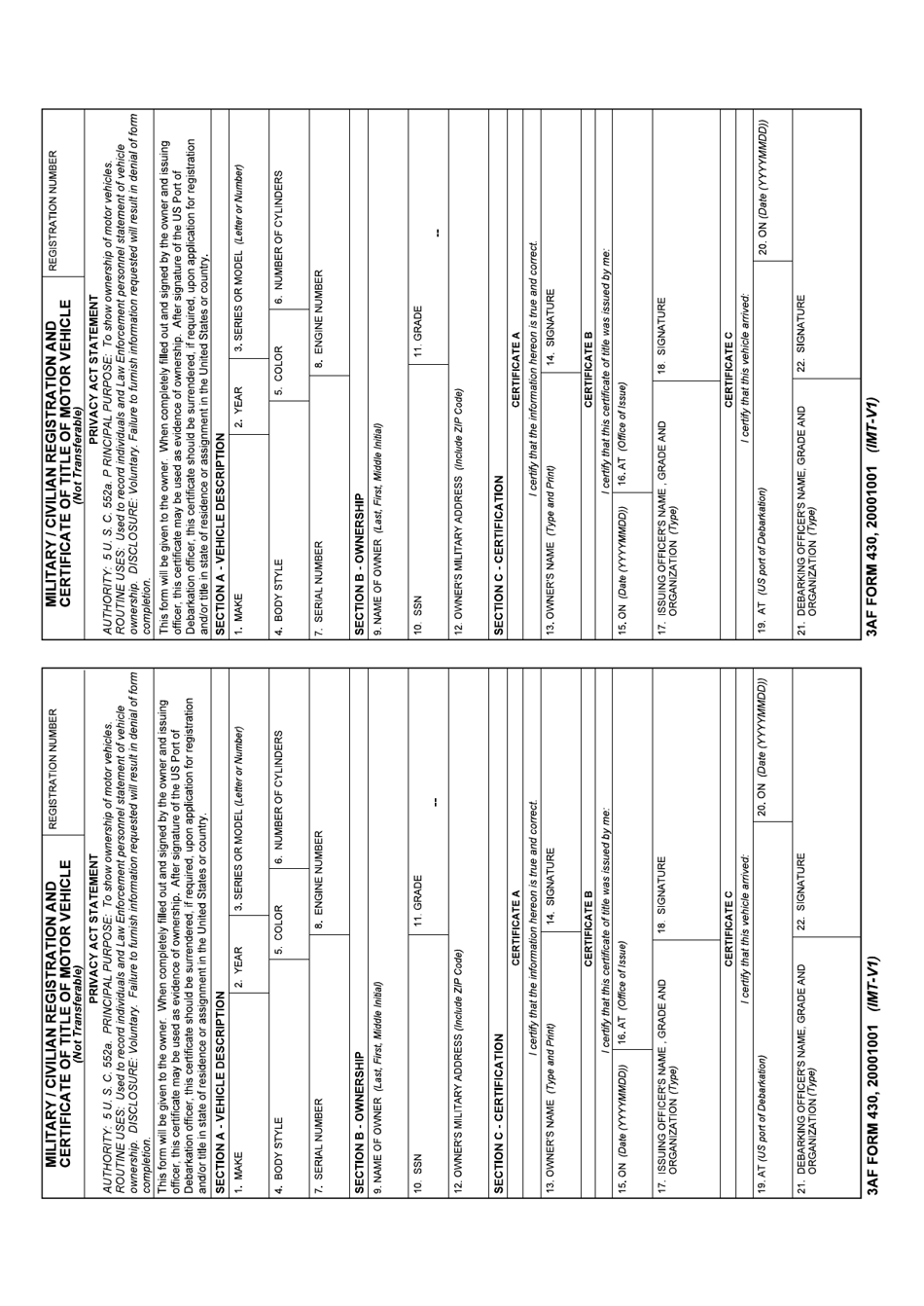 3 AF Form 430 Military / Civilian Registration and Certification of Title of Motor Vehicle, Page 1