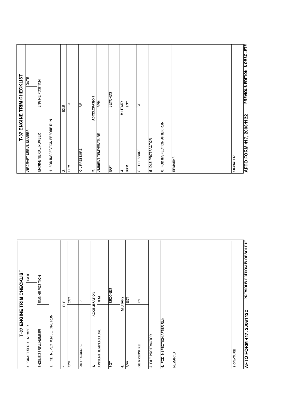 AFTO Form 417 T-37 Engine Trim Checklist, Page 1