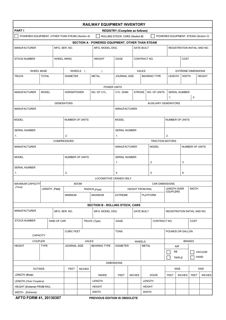 AFTO Form 41 Railway Equipment Inventory, Page 1