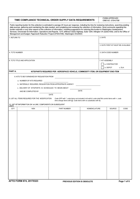 AFTO Form 874  Printable Pdf