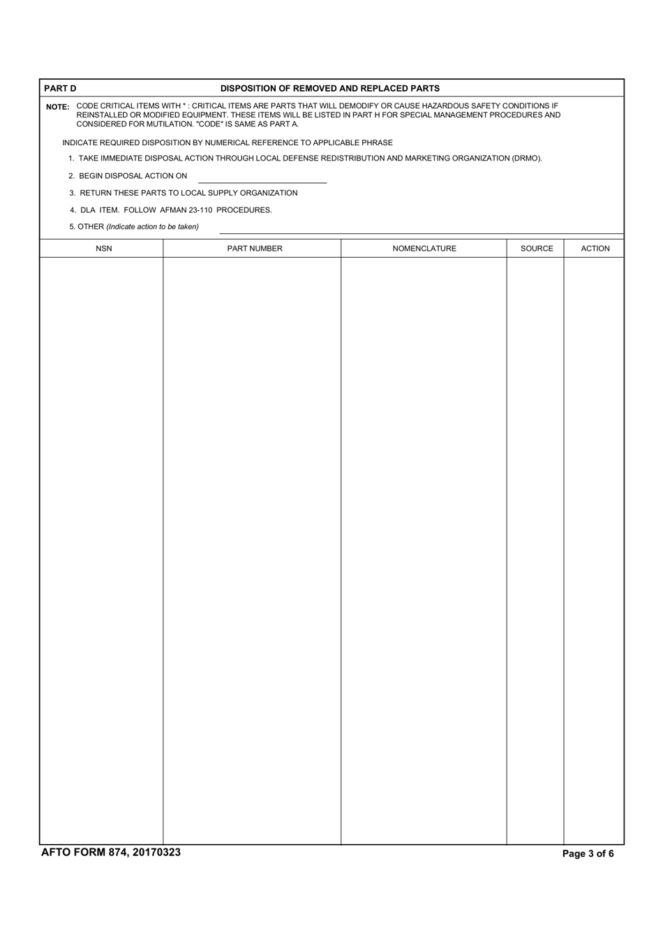 AFTO Form 874 Time Compliance Technical Order Supply Data Requirements, Page 3