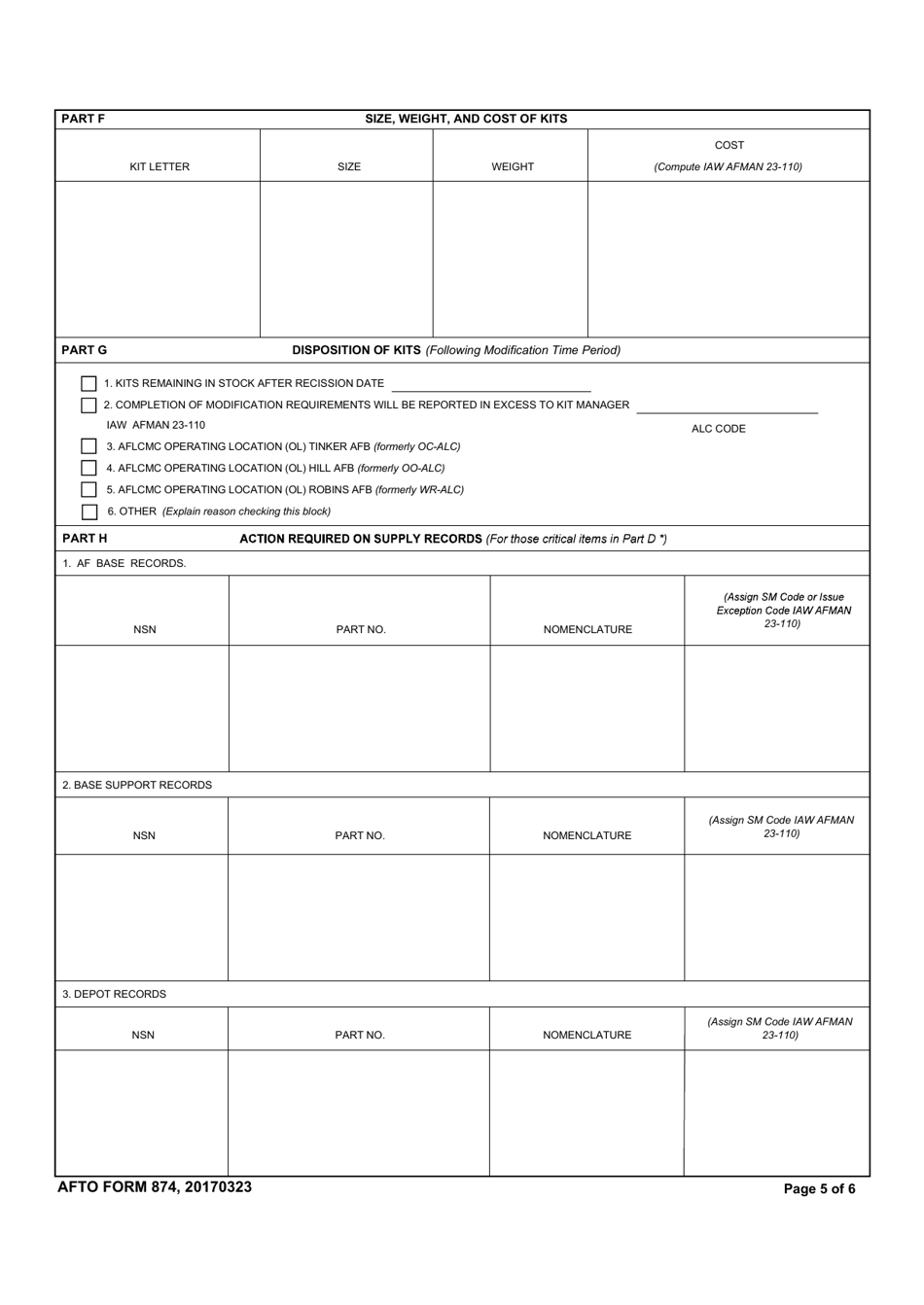 AFTO Form 874 Time Compliance Technical Order Supply Data Requirements, Page 5