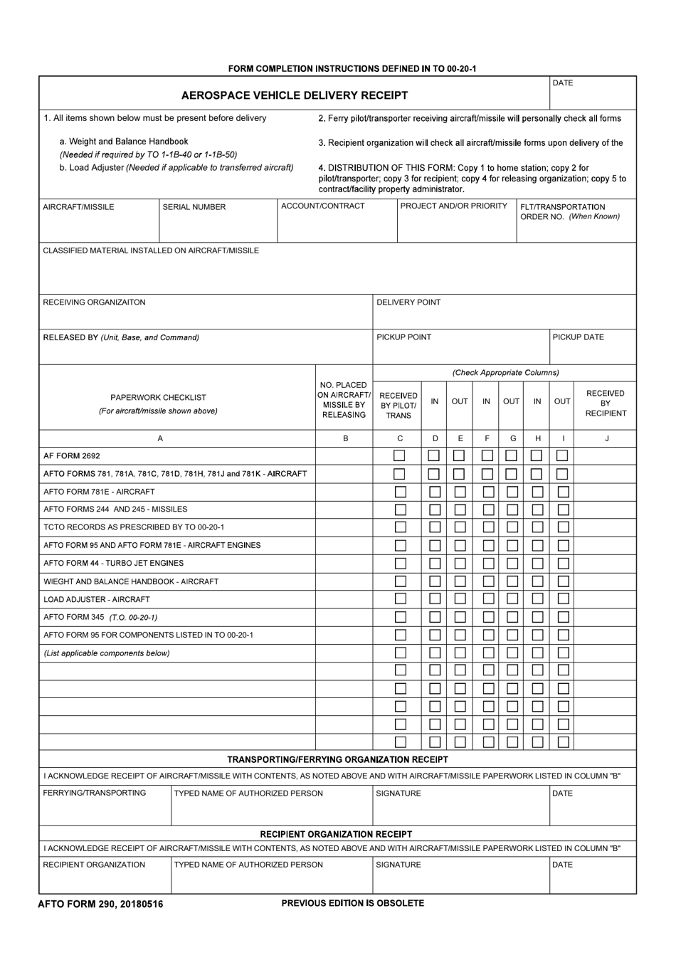 AFTO Form 290 Aerospace Vehicle Delivery Receipt, Page 1