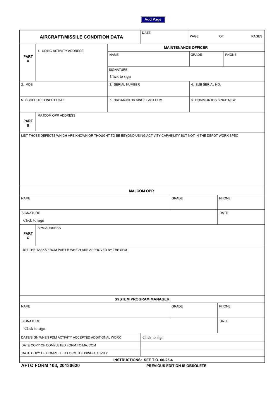 AFTO Form 103 Aircraft / Missile Condition Data, Page 1