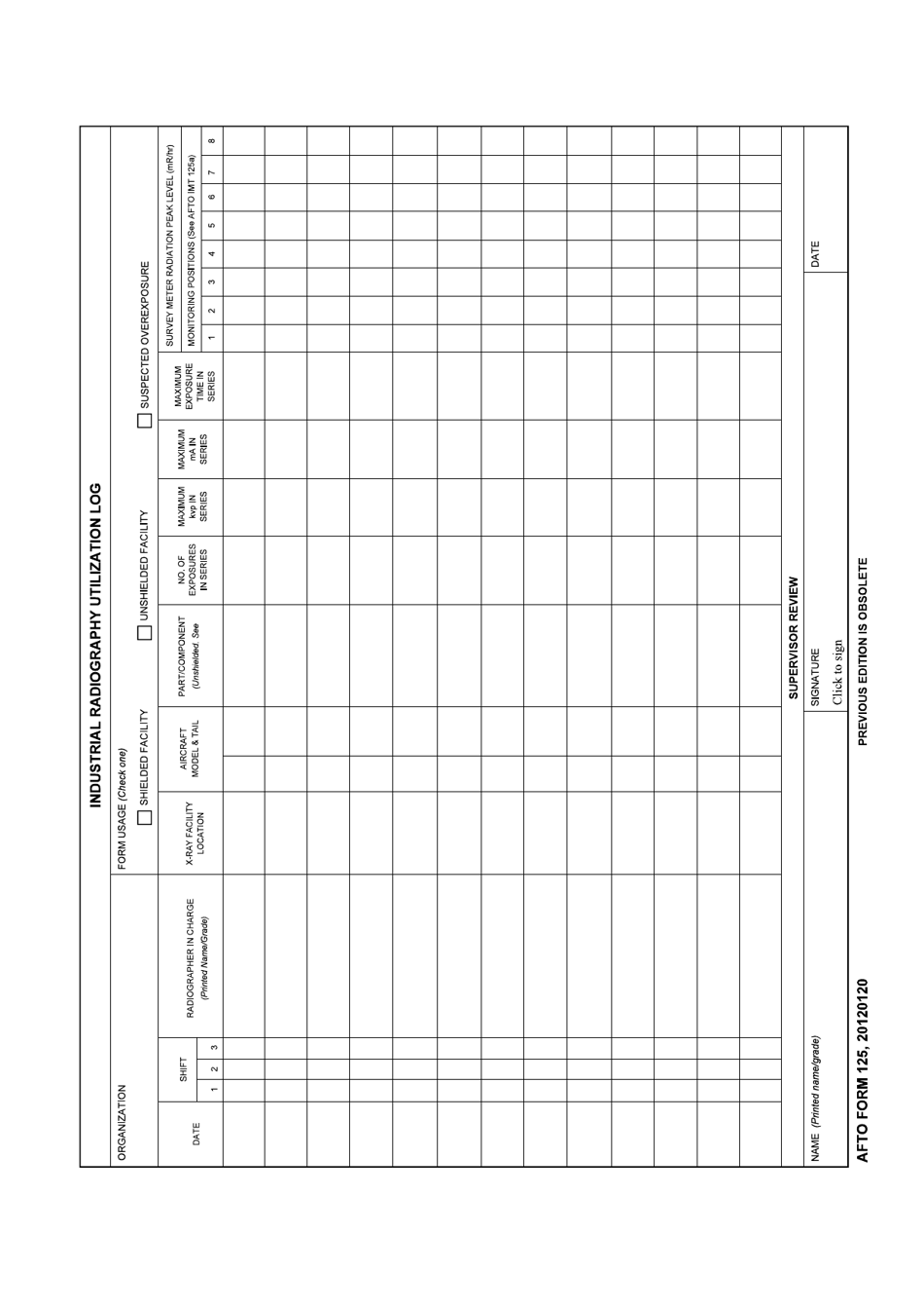 AFTO Form 125 Industrial Radiography Utilization Log, Page 1