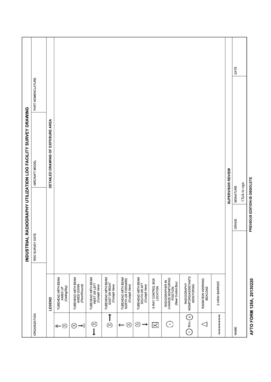 AFTO Form 125A Industrial Radiography Utilization Log Facility Survey Drawing, Page 1