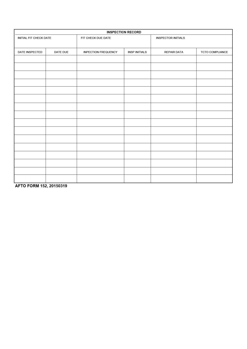 AFTO Form 152 Aircrew Cbrn Equipment Inspection Record, Page 2