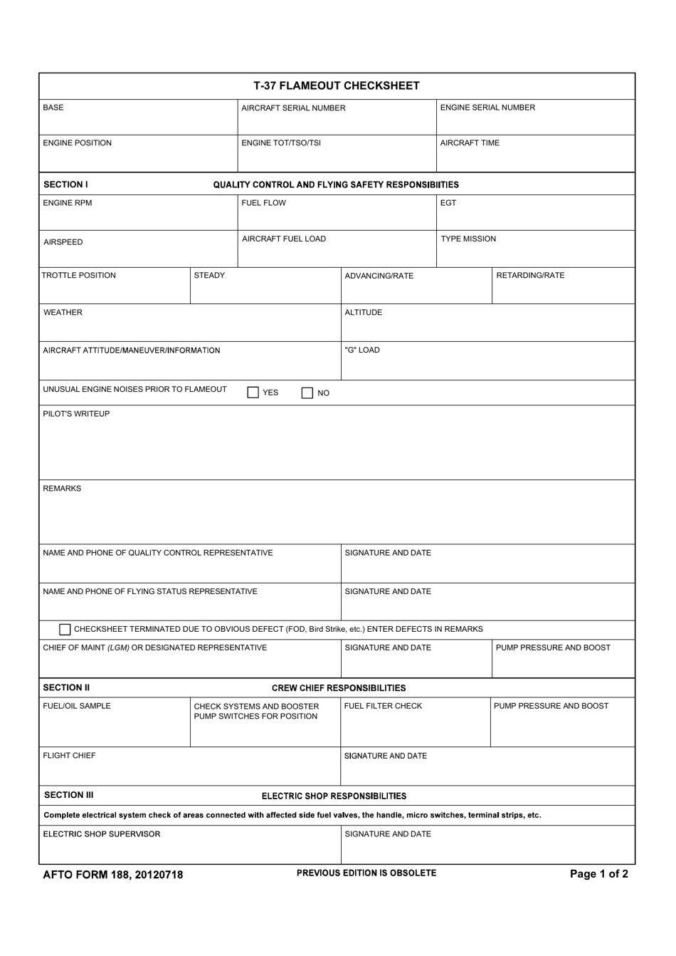 AFTO Form 188 T-37 Flameout Checksheet, Page 1