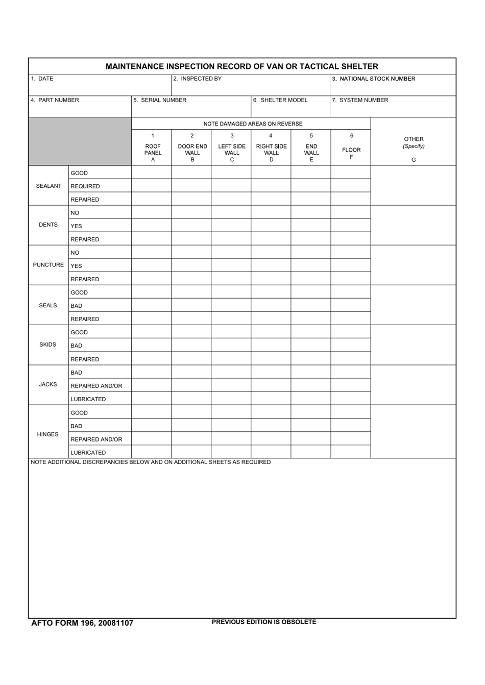 AFTO Form 196 Maintenance Inspection Record of Van or Tactical Shelter, Page 1
