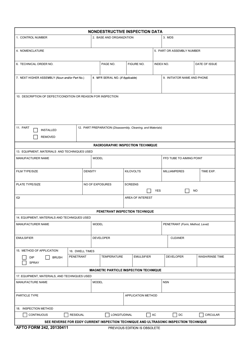 AFTO Form 242 Nondestructive Inspection Data, Page 1