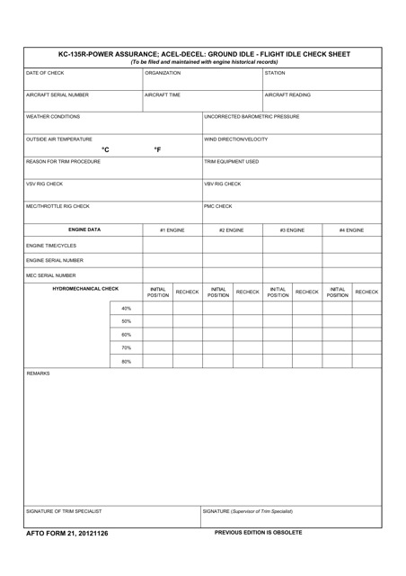 AFTO Form 21 Kc-135r-Power Assurance; Acel-Decel; Ground Idle-Flight Idle Check Sheet
