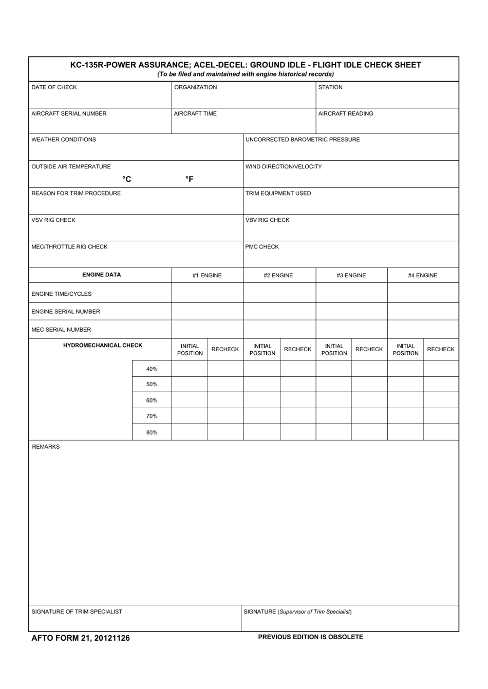 AFTO Form 21 Kc-135r-Power Assurance; Acel-Decel; Ground Idle-Flight Idle Check Sheet, Page 1