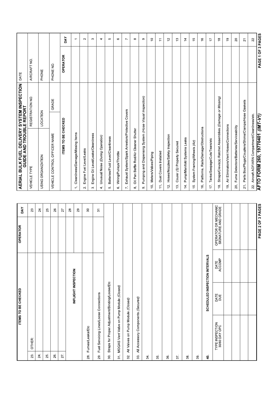 AFTO Form 260 Aerial Bulk Fuel Delivery System Inspection Guide and Trouble Report, Page 1