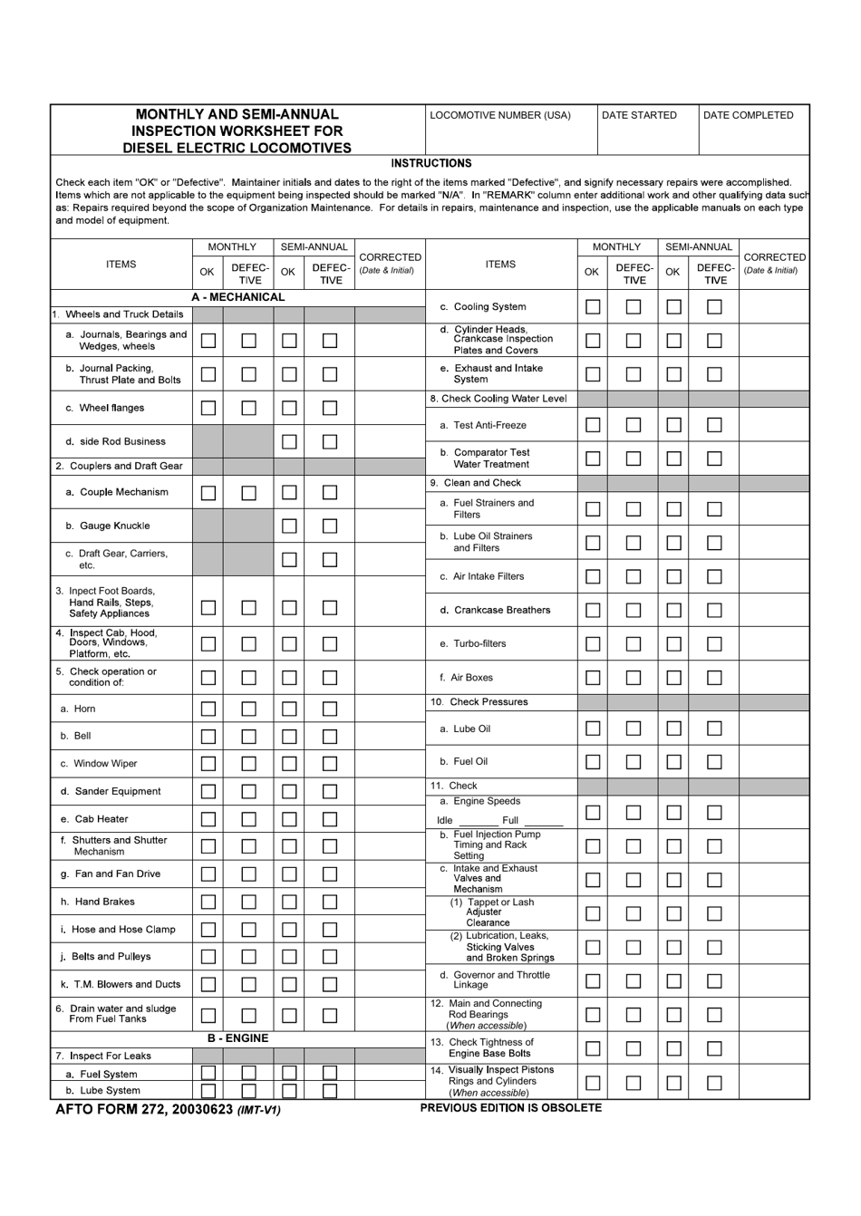 AFTO Form 272 Monthly and Semi-annual Inspection Worksheet for Diesel Electronic Locomotive (LRA), Page 1