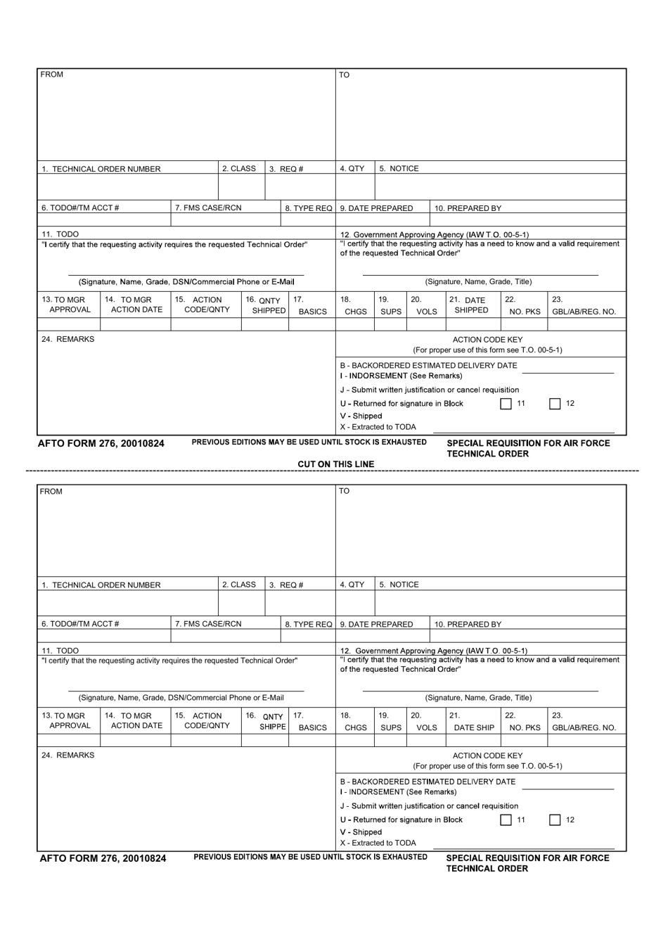 AFTO Form 276 Special Requisition for Air Force Technical Order, Page 1
