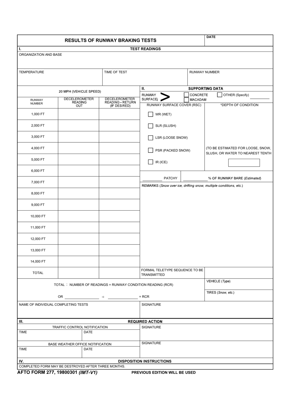 AFTO Form 277 Results of Runway Braking Tests, Page 1
