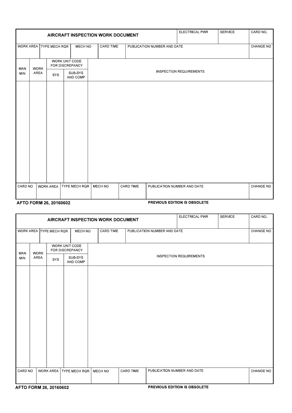 AFTO Form 26 Aircraft Inspection Work Document, Page 1