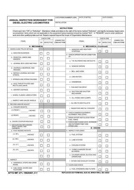 AFTO IMT Form 271 Annual Inspection Worksheet for Diesel Electric Locomotives