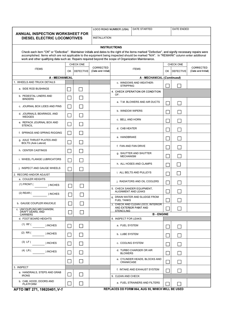 AFTO IMT Form 271 Annual Inspection Worksheet for Diesel Electric Locomotives, Page 1