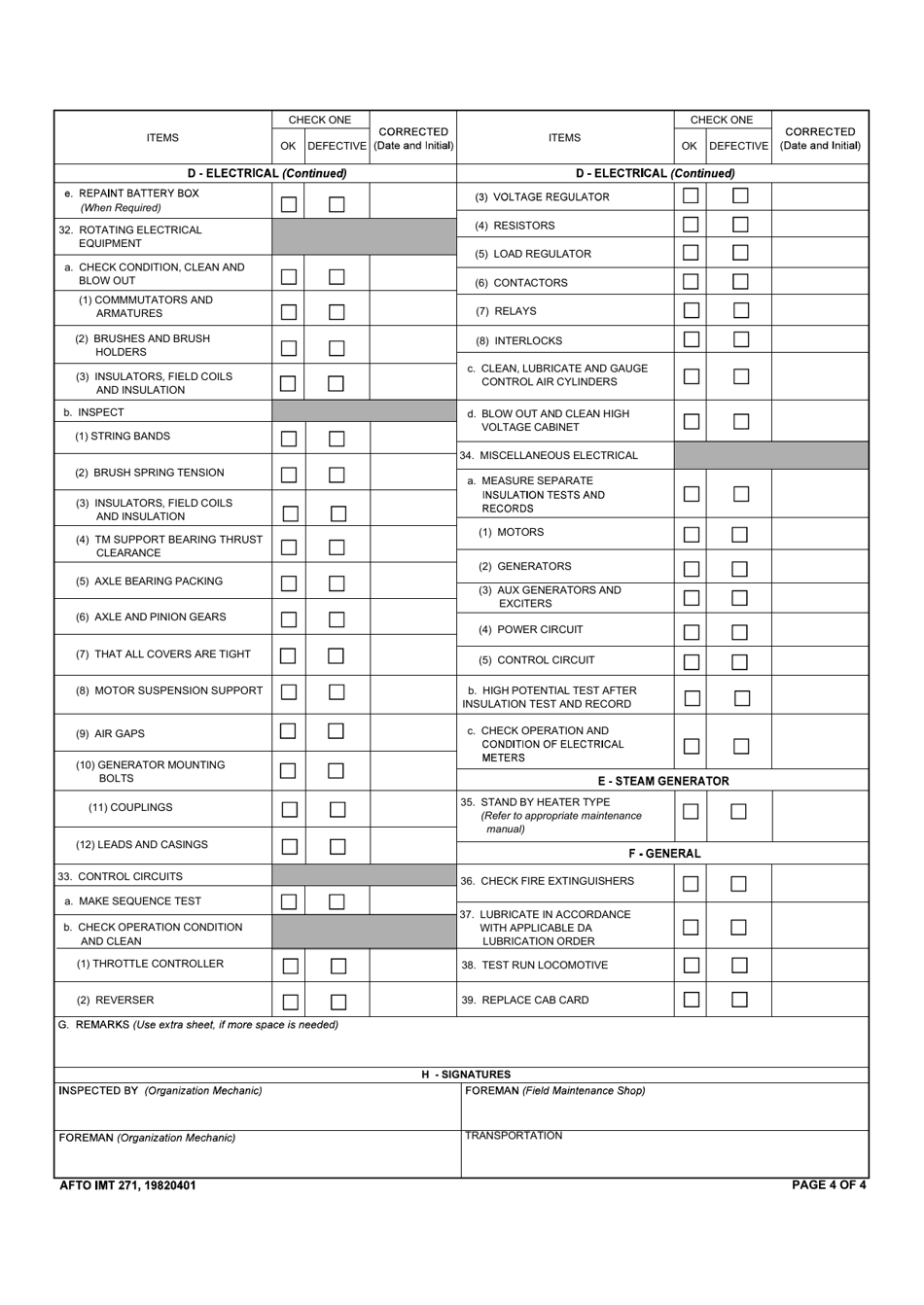 AFTO IMT Form 271 Annual Inspection Worksheet for Diesel Electric Locomotives, Page 4