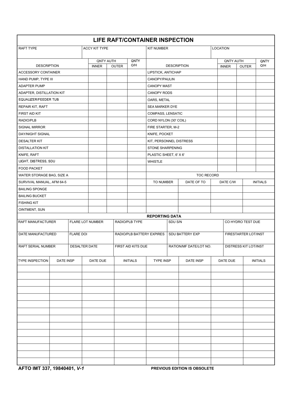 AFTO IMT Form 337 Life Raft / Container Inspection, Page 1